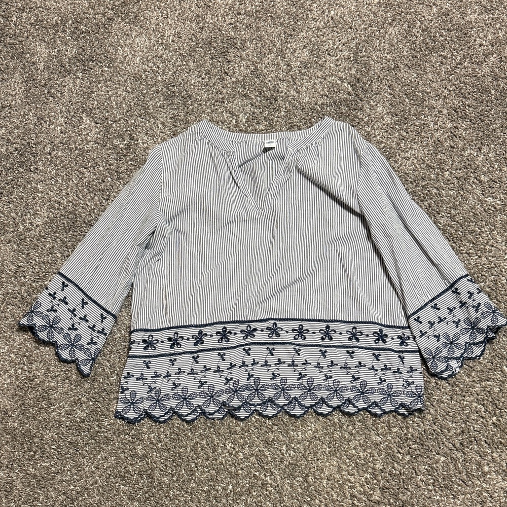 Old Navy Blue and White Striped Blouse with Floral Trim